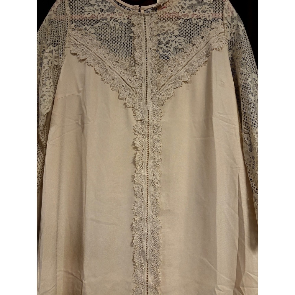 Entro Cream Beige Lace Yoke Long Sleeve Shift Dress D12717 Womens Large NEW - Picture 2 of 13